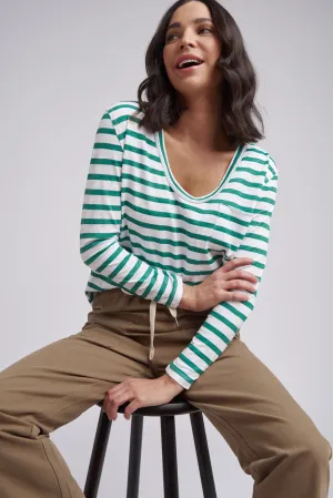 Scoop Neck Stripe Cotton Pocket Tee Greenlake/White
