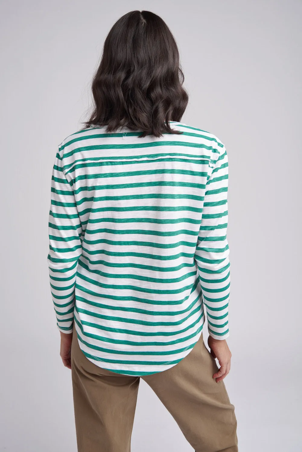 Scoop Neck Stripe Cotton Pocket Tee Greenlake/White