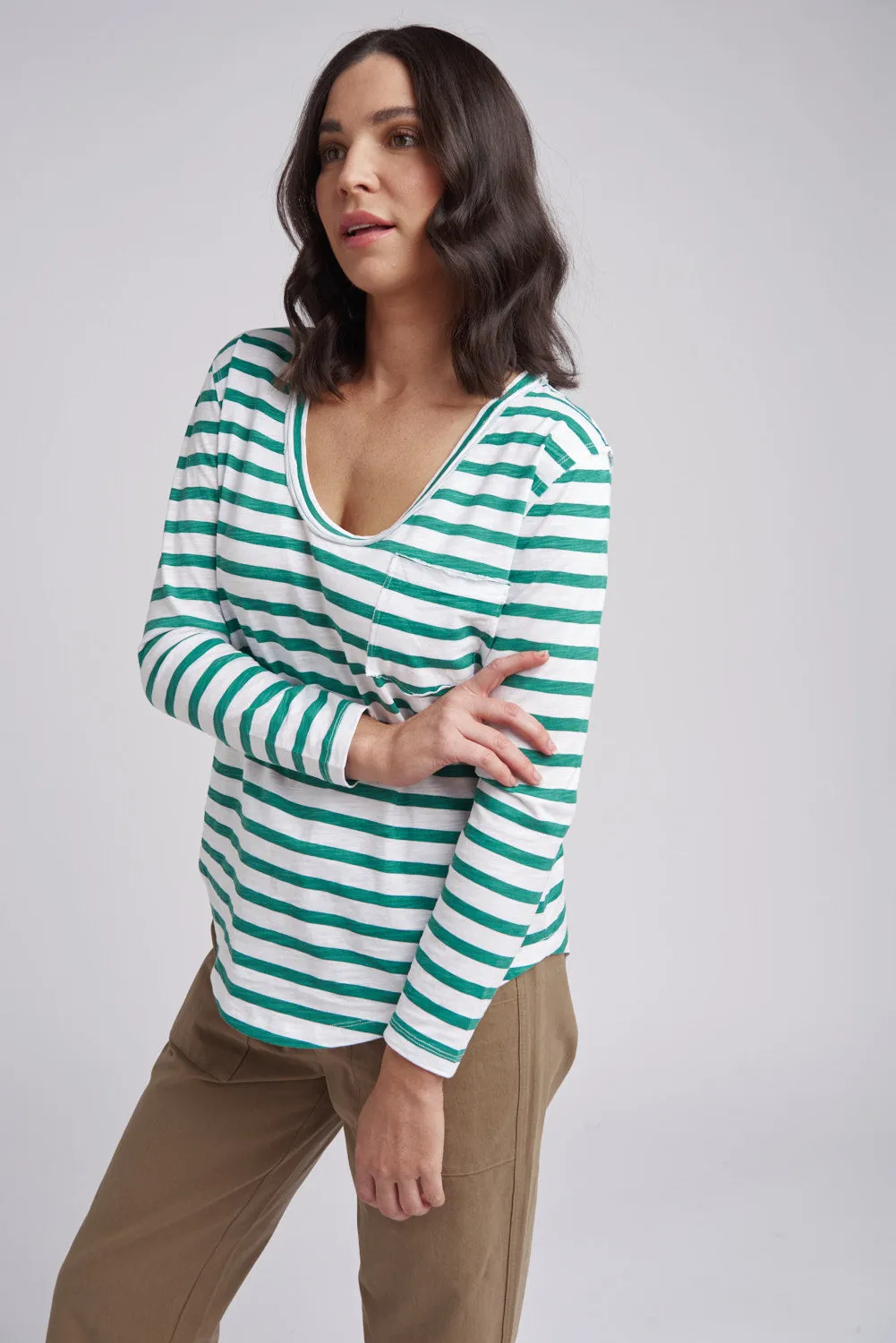 Scoop Neck Stripe Cotton Pocket Tee Greenlake/White