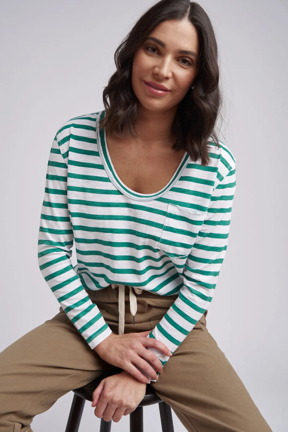 Scoop Neck Stripe Cotton Pocket Tee Greenlake/White