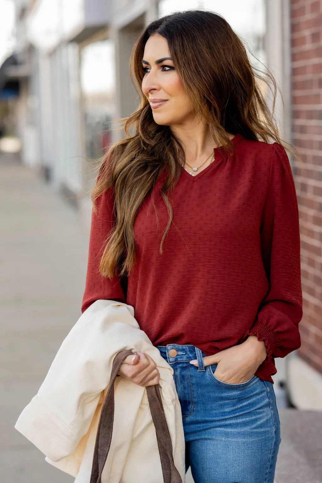 Stitched Dots Cinched V Blouse