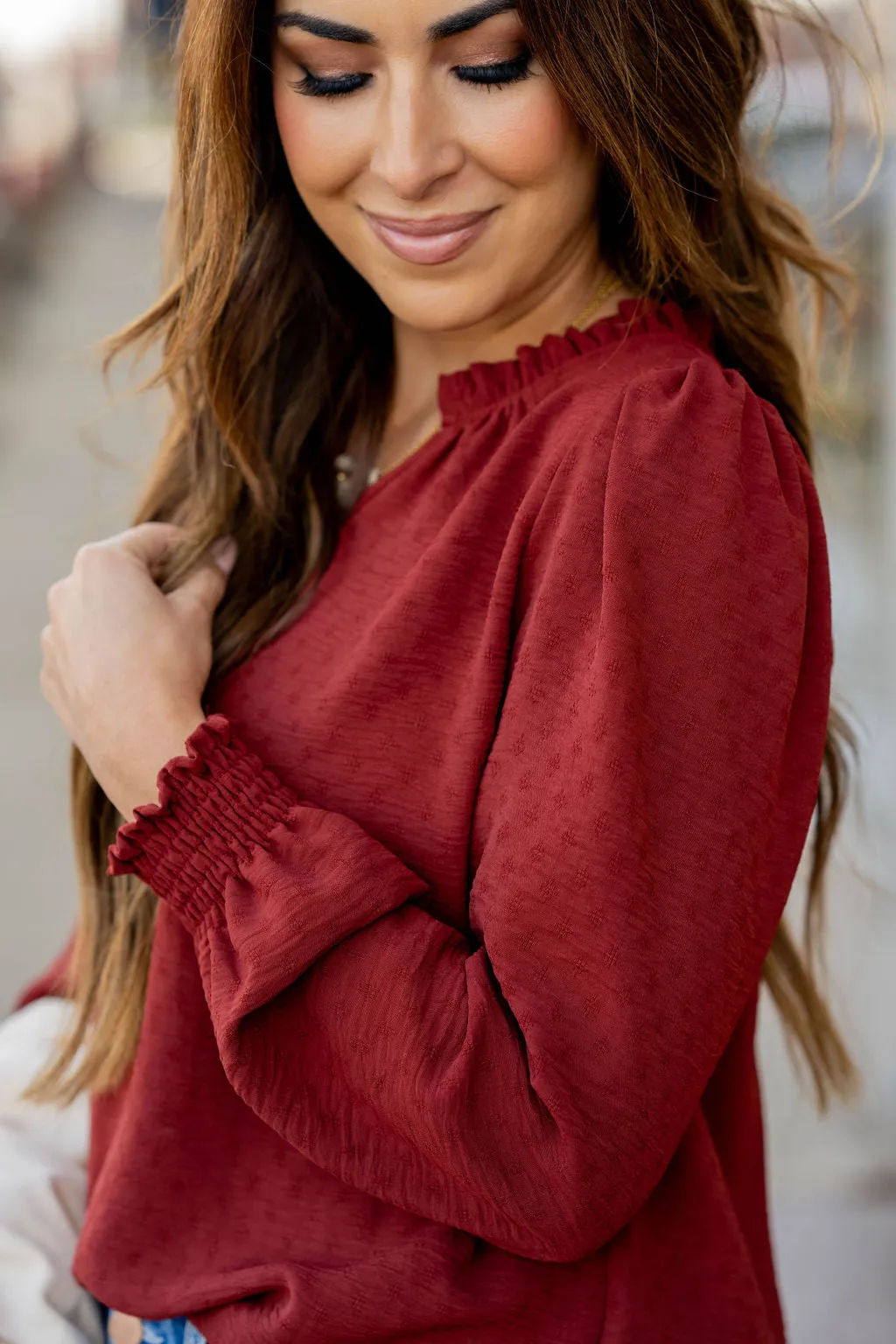 Stitched Dots Cinched V Blouse