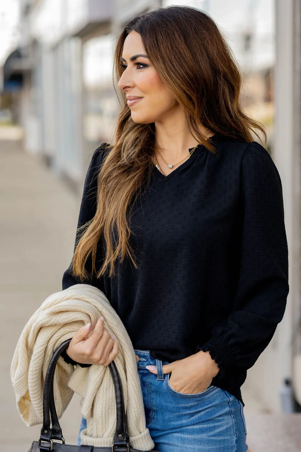 Stitched Dots Cinched V Blouse