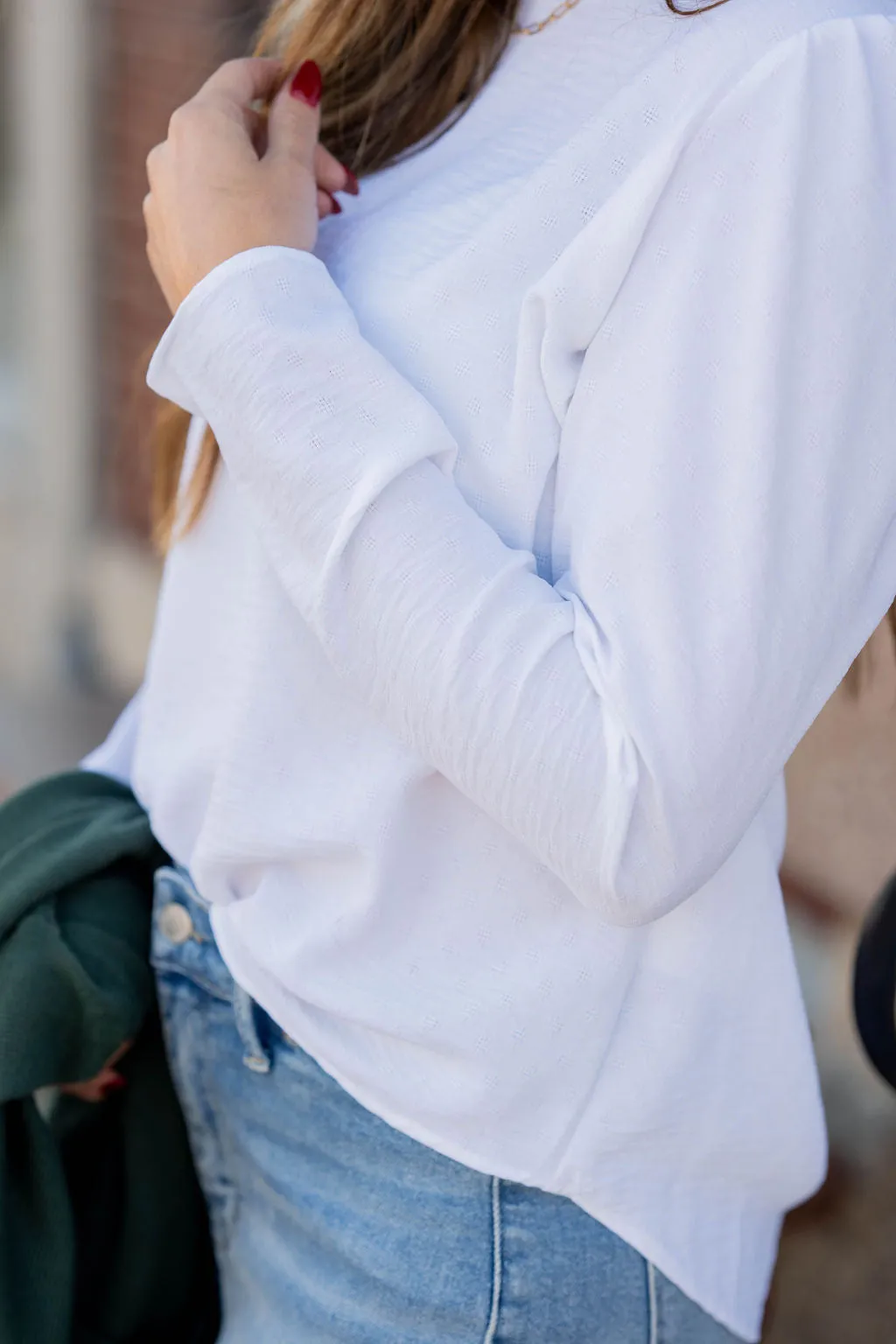 Stitched Dots Gathered Shoulder Blouse