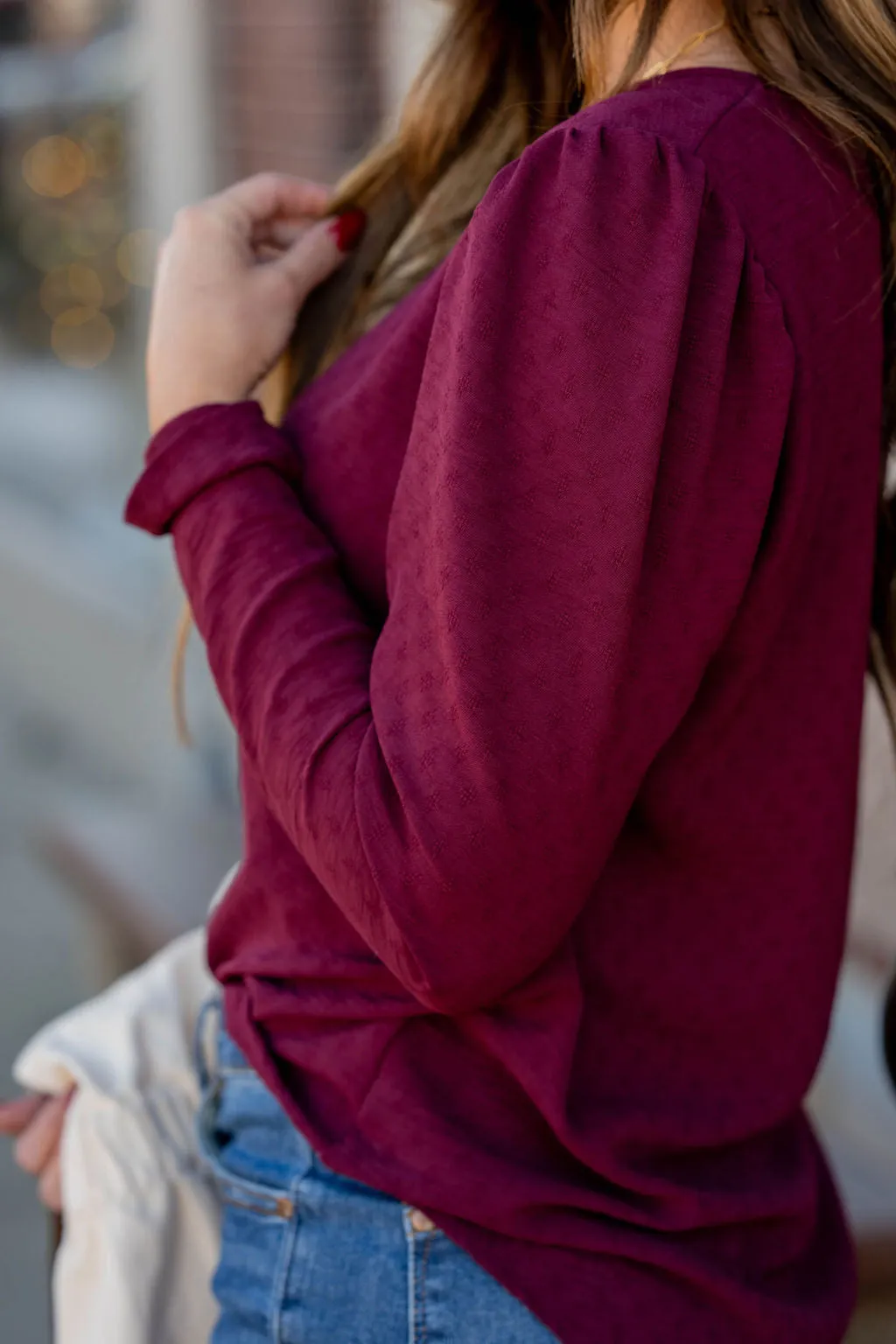 Stitched Dots Gathered Shoulder Blouse