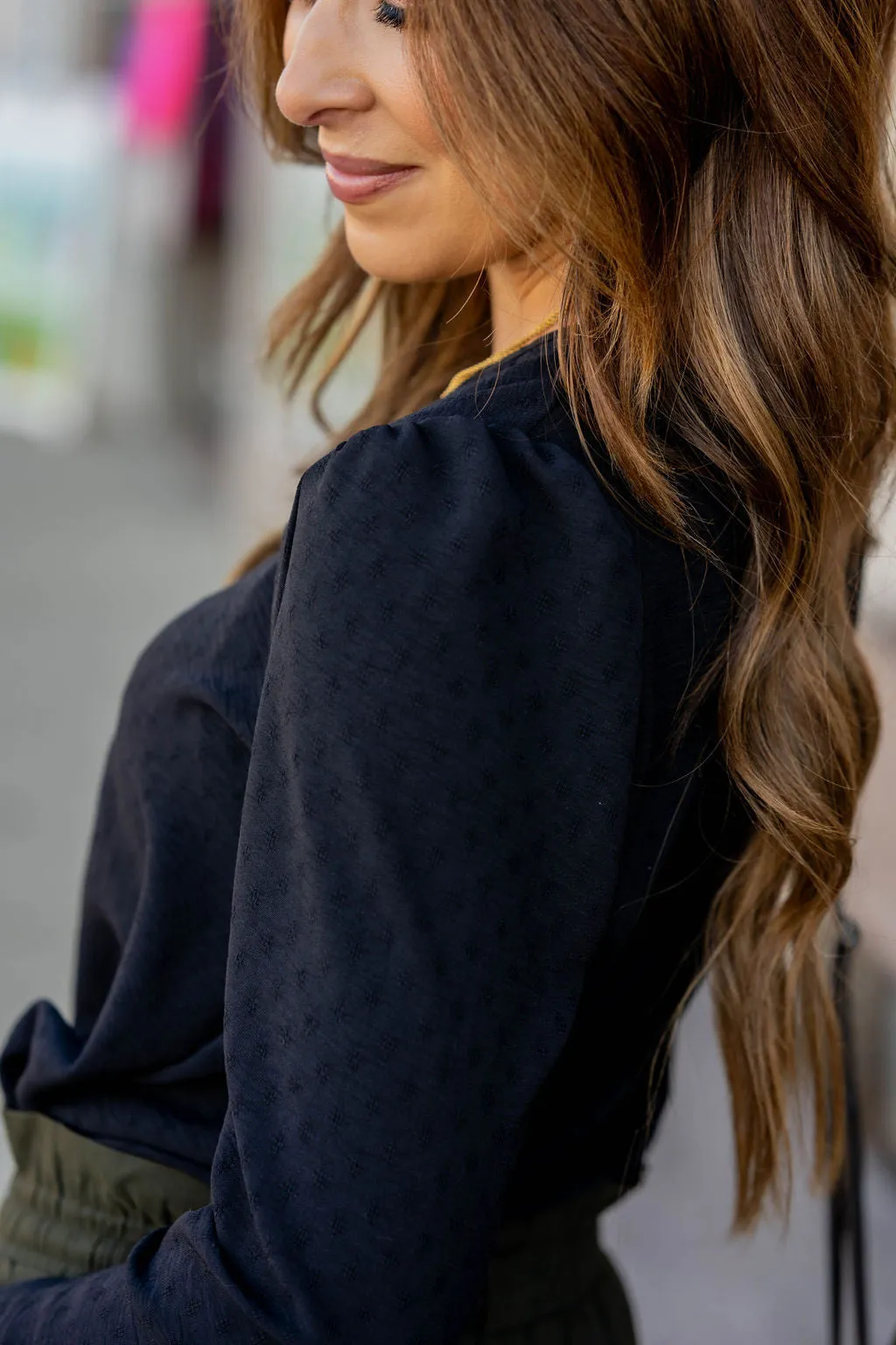 Stitched Dots Gathered Shoulder Blouse