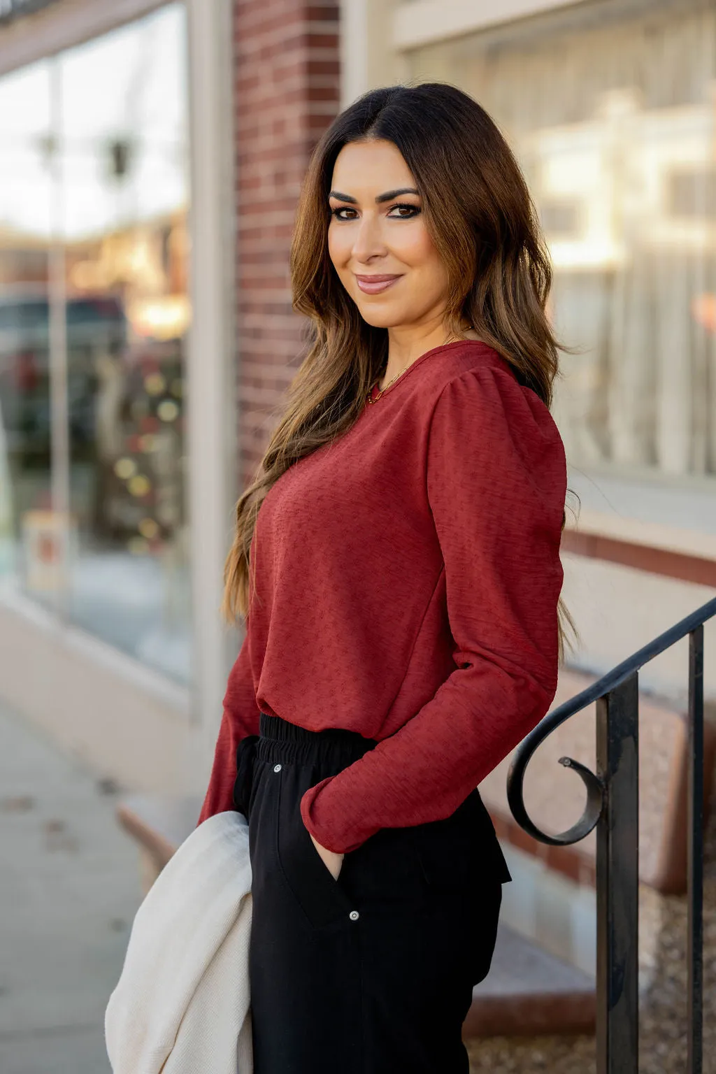 Stitched Dots Gathered Shoulder Blouse