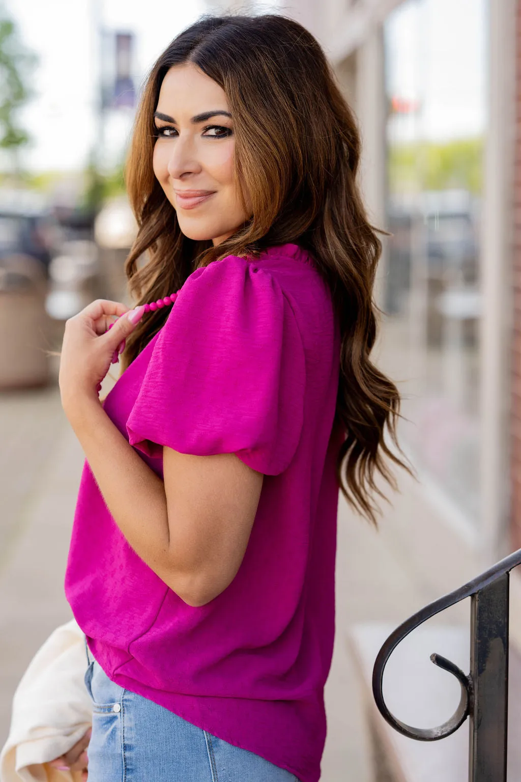 Stitched Dots Puffed Sleeve Blouse