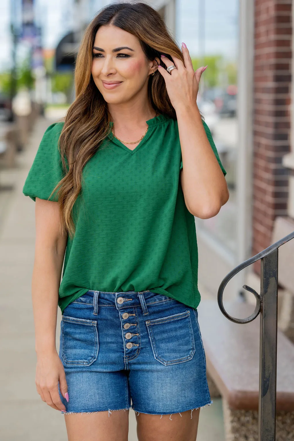 Stitched Dots Puffed Sleeve Blouse