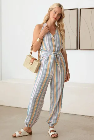 Stripped Sleeveless Front Tie Jumpsuit
