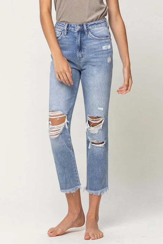 SUPER HIGH RISE DISTRESSED  RELAXED STRAIGHT