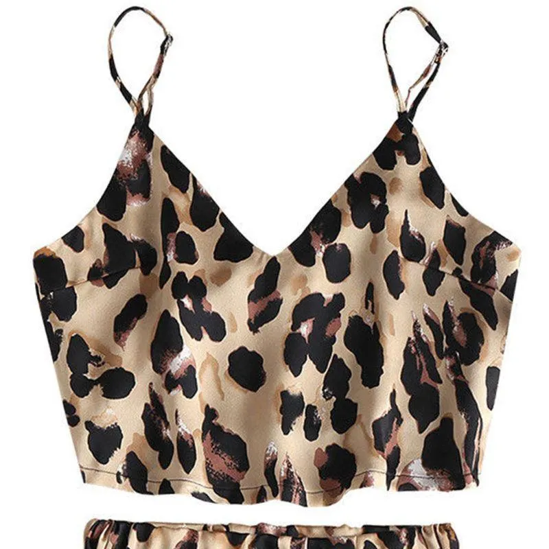 V-Neck Crop Top Leg Shorts Leopard Printed Sleepwear