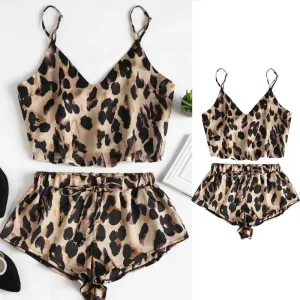 V-Neck Crop Top Leg Shorts Leopard Printed Sleepwear