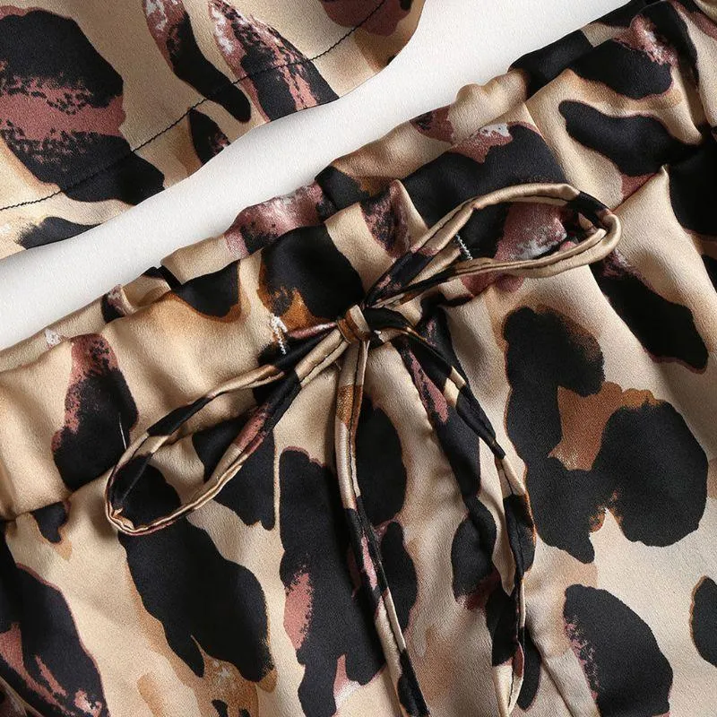 V-Neck Crop Top Leg Shorts Leopard Printed Sleepwear