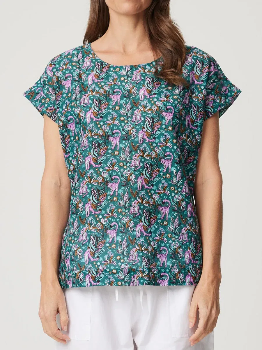 Vicky Round Neck S/S Cotton Top | Lilac Leopard
