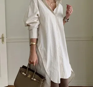 Vintage 90s Striped Long Sleeve Shirt | White Button Up Collar Striped Cotton Shirt | Women Cotton Blouse | Casual Full Sleeve Blouse Shirt