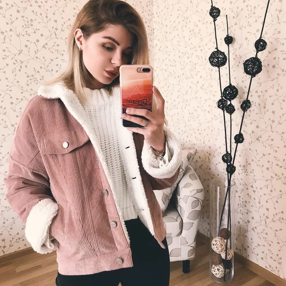 Women Autumn Winter Basic Lambswool Bomber Long Sleeve Casual Single Breasted Denim Jacket