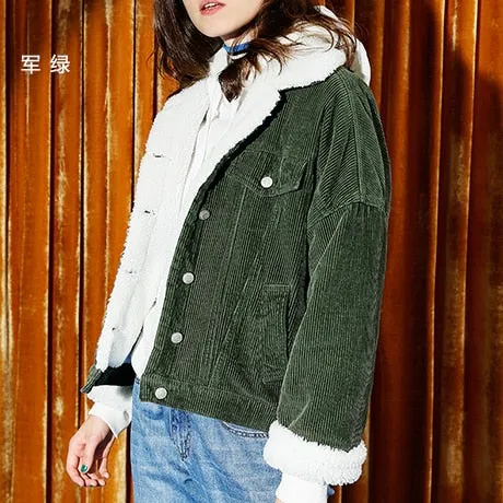 Women Autumn Winter Basic Lambswool Bomber Long Sleeve Casual Single Breasted Denim Jacket