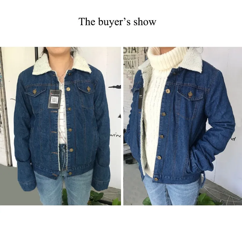 Women Spring Autumn Winter Lambswool Long Sleeves Warm Denim Coat