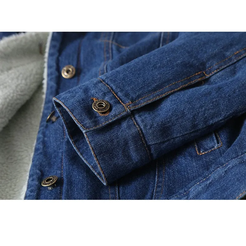Women Spring Autumn Winter Lambswool Long Sleeves Warm Denim Coat