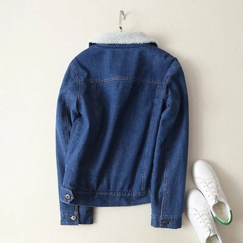 Women Spring Autumn Winter Lambswool Long Sleeves Warm Denim Coat