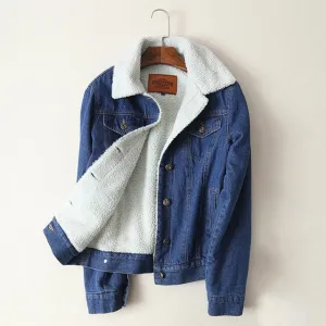 Women Spring Autumn Winter Lambswool Long Sleeves Warm Denim Coat