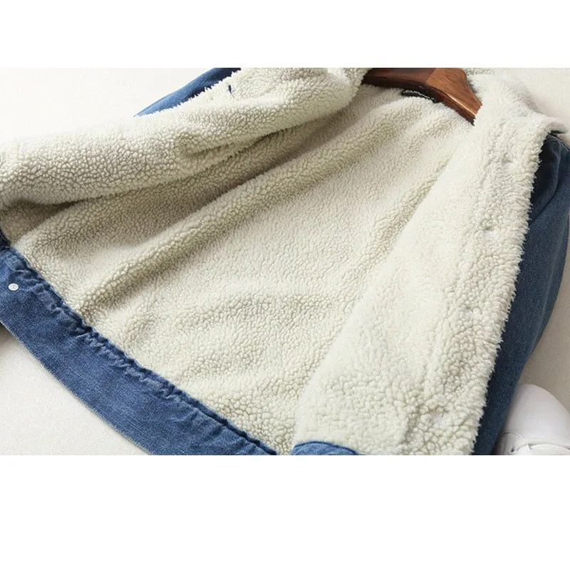 Women Spring Autumn Winter Lambswool Long Sleeves Warm Denim Coat