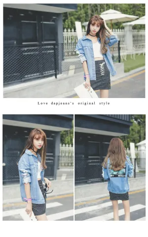 Women Winter Bomber Spring Autumn Coat Swish Pockets Basic Jeans Denim Embroidery Letter Coat Hole Outerwear Jackets
