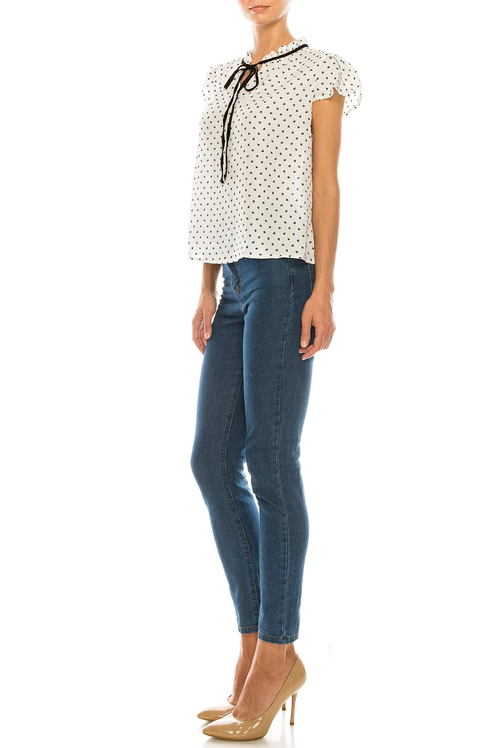 Women's Ruffled Bow Tie Polka Dot Chiffon Shirt Top blouse
