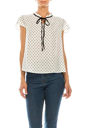 Women's Ruffled Bow Tie Polka Dot Chiffon Shirt Top blouse