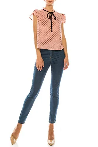 Women's Ruffled Bow Tie Polka Dot Chiffon Shirt Top blouse