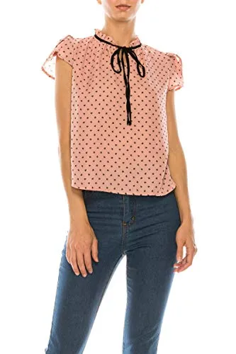 Women's Ruffled Bow Tie Polka Dot Chiffon Shirt Top blouse