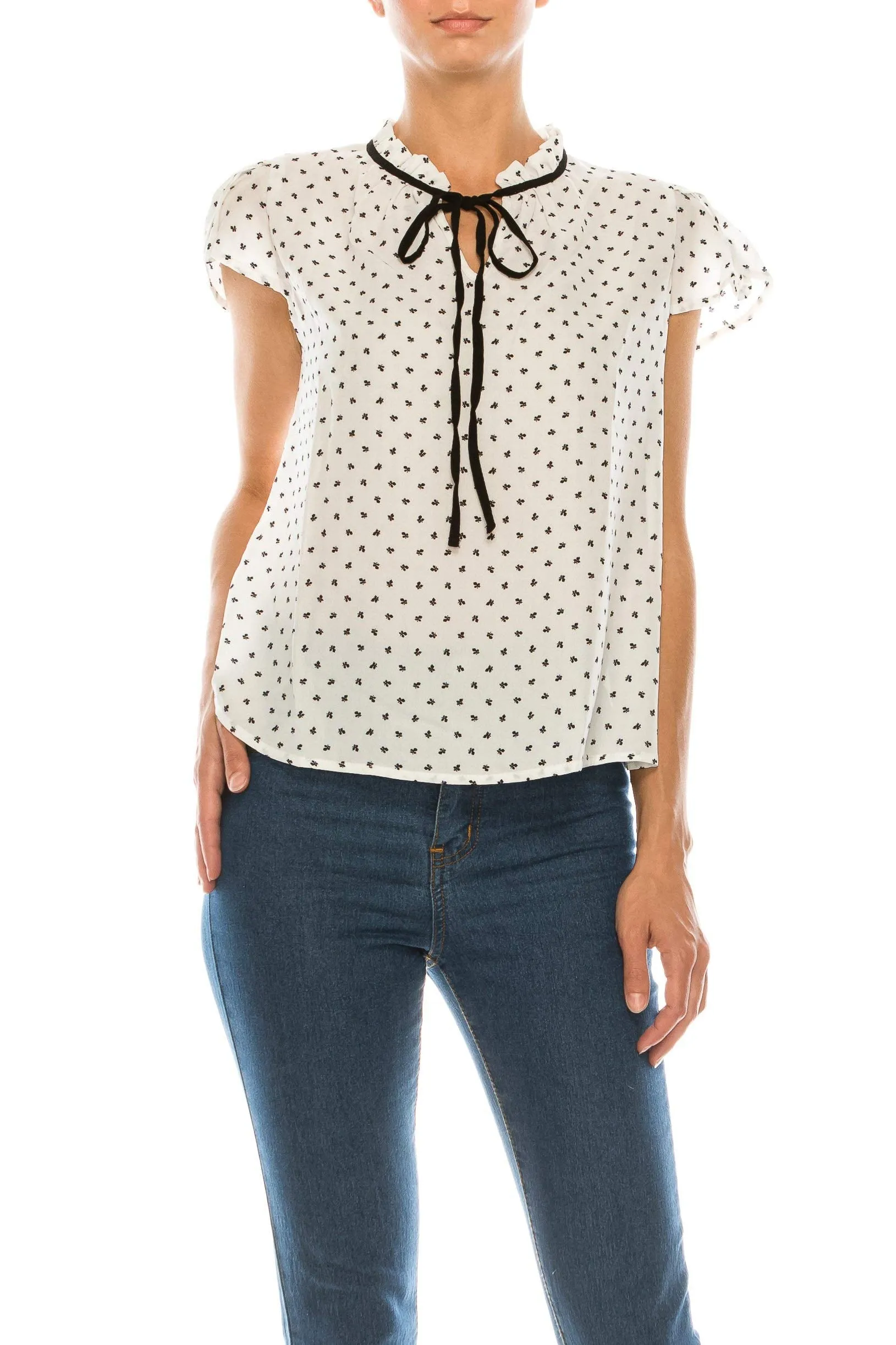 Women's Ruffled Bow Tie Polka Dot Chiffon Shirt Top blouse
