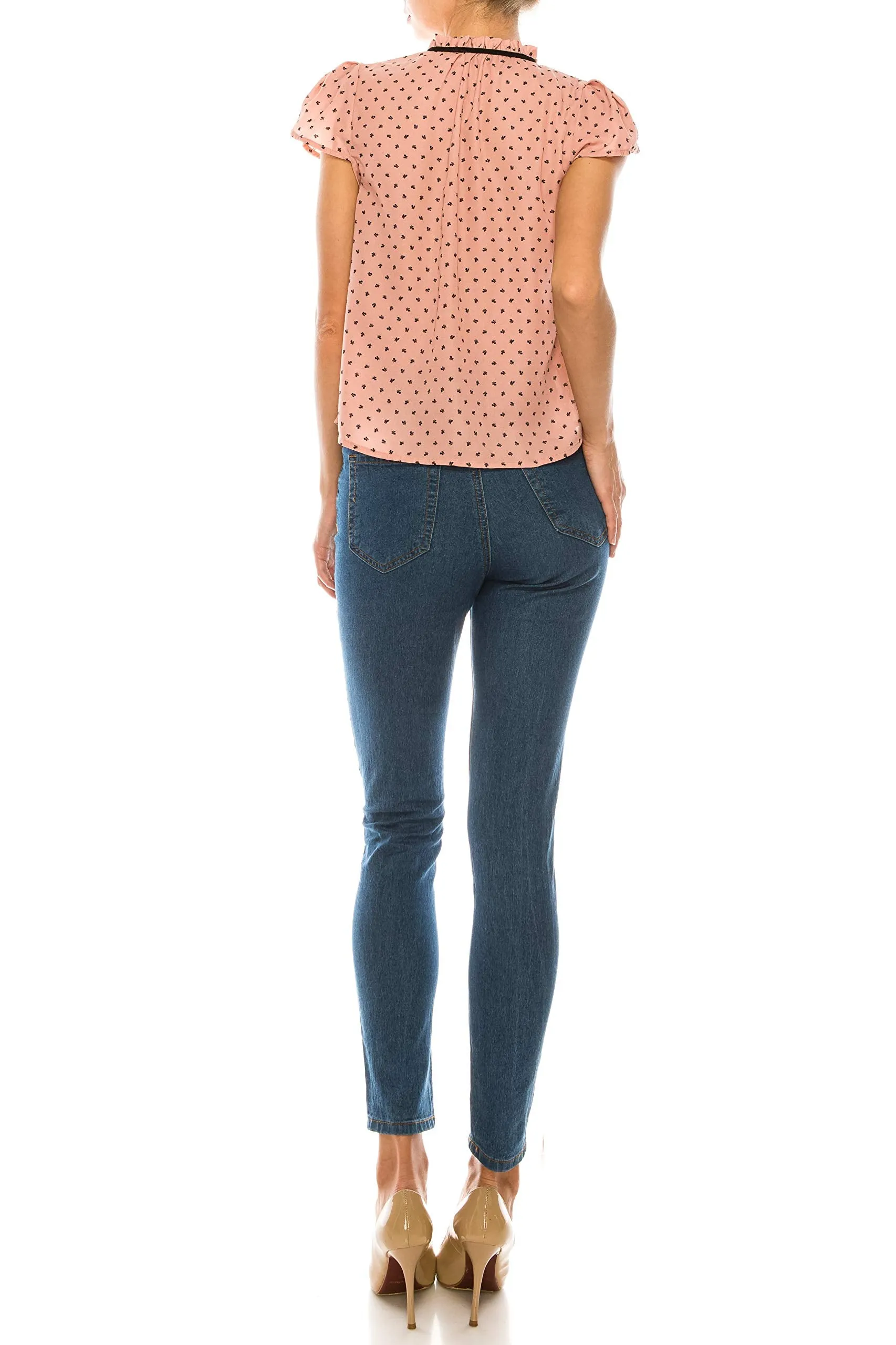 Women's Ruffled Bow Tie Polka Dot Chiffon Shirt Top blouse