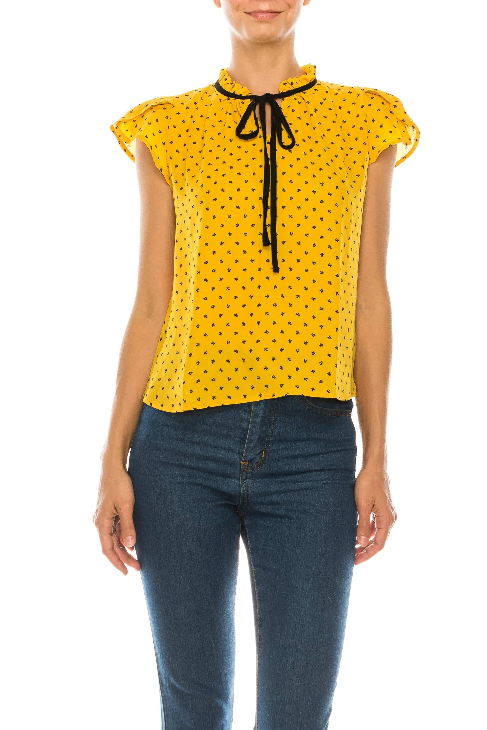 Women's Ruffled Bow Tie Polka Dot Chiffon Shirt Top blouse