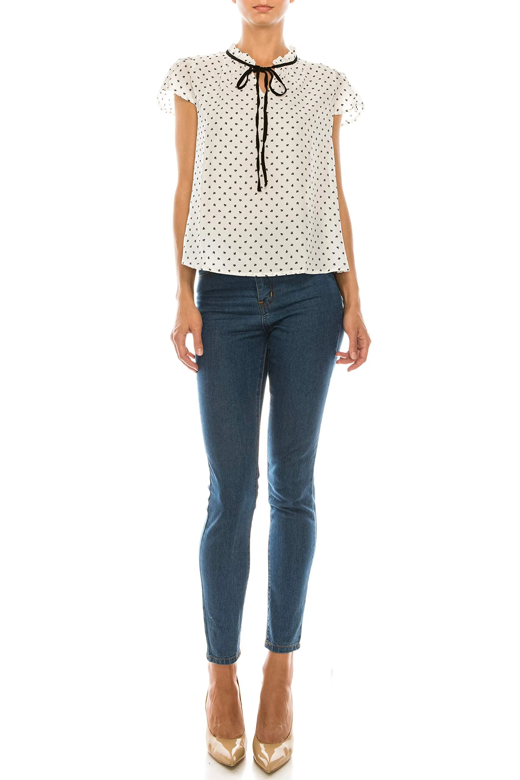 Women's Ruffled Bow Tie Polka Dot Chiffon Shirt Top blouse